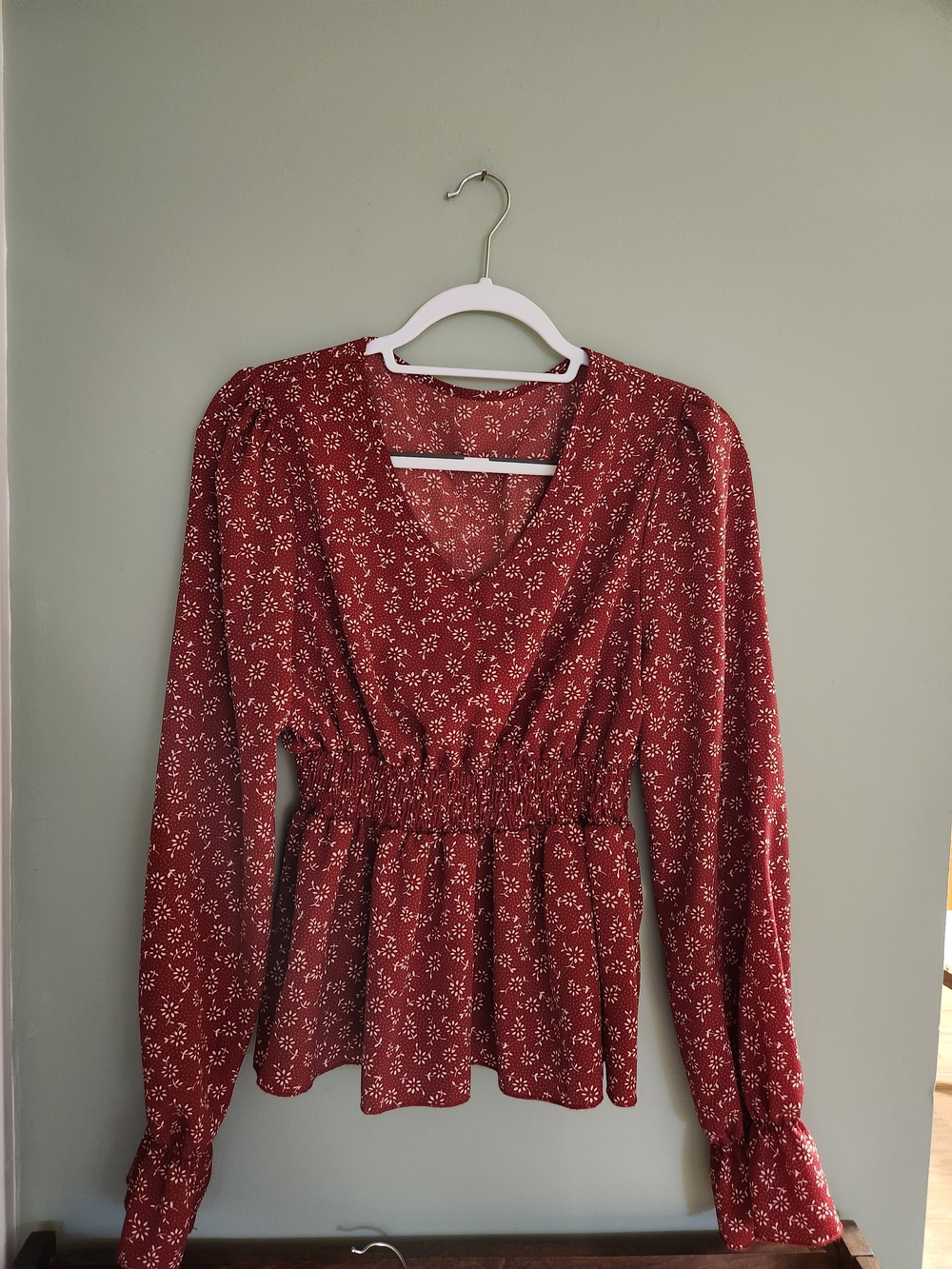 Burgundy Floral Smocked Waist V-Neck Blouse